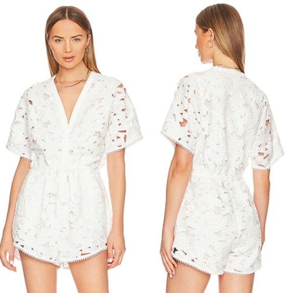 NWT Rococo Sand Leiko V-Neck Drawstring Short-Sleeve Eyelet Romper White Size: M
